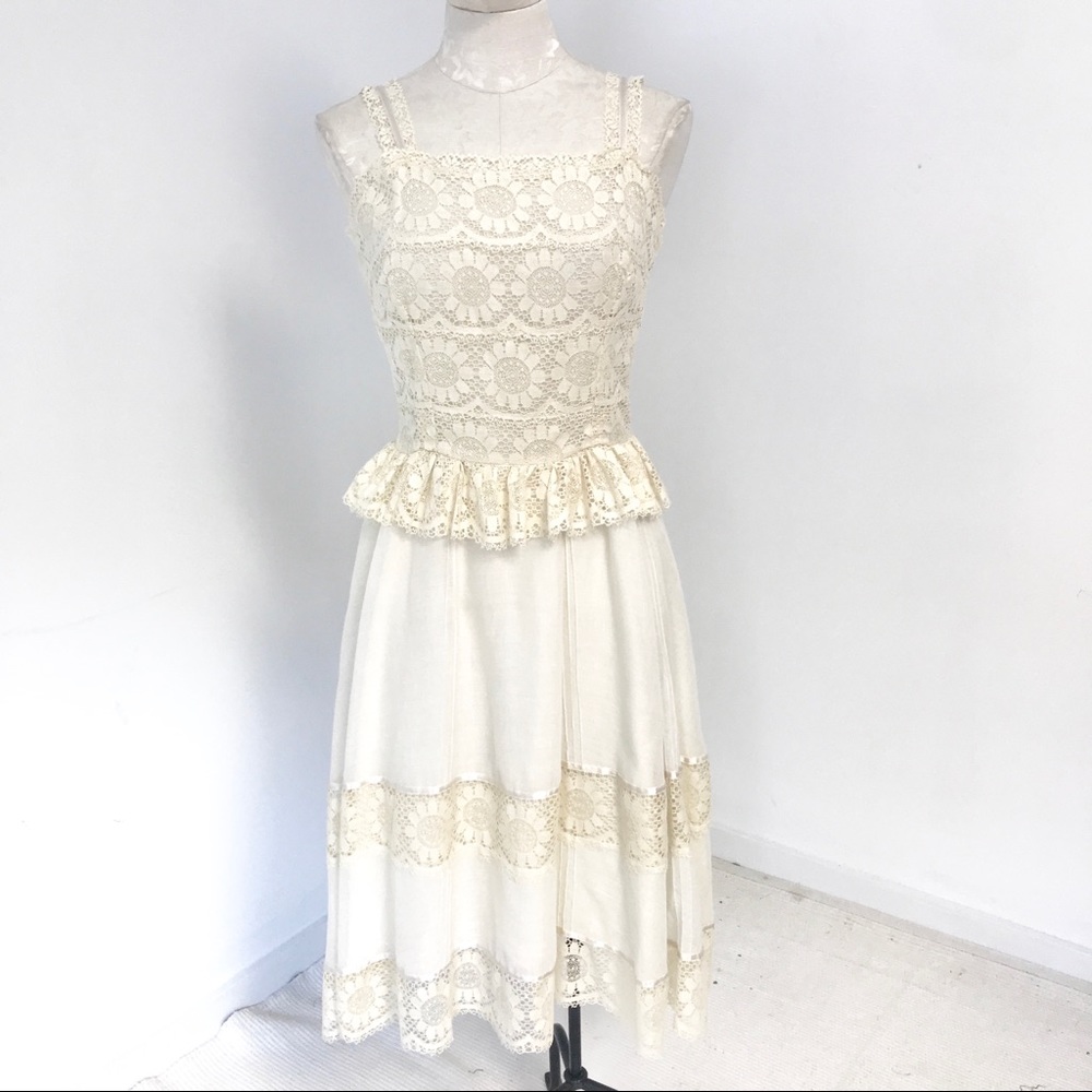 70s Vintage S/M Boho Floral Lace Midi Dress Cream - Picture 1 of 13